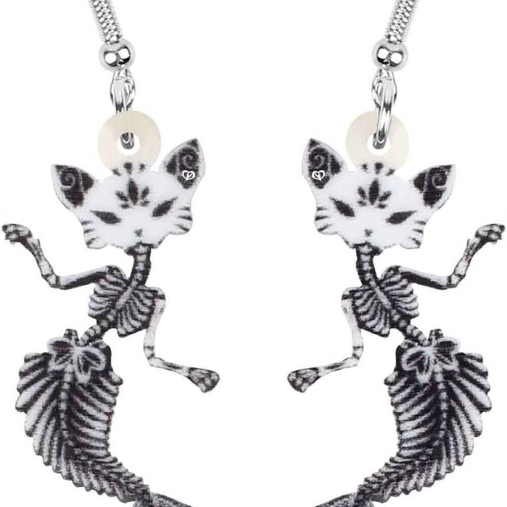 Halloween Funny Black Mermaid Bones Skull Cat Earrings Acrylic Weird Cats Dangle